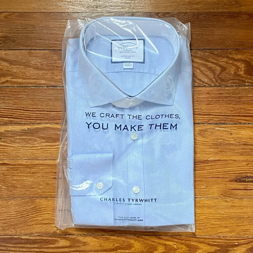 Charles Tyrwhitt ESF Cutaway Collar Non-Iron Herringbone Shirt NWT - Picture 7 of 12